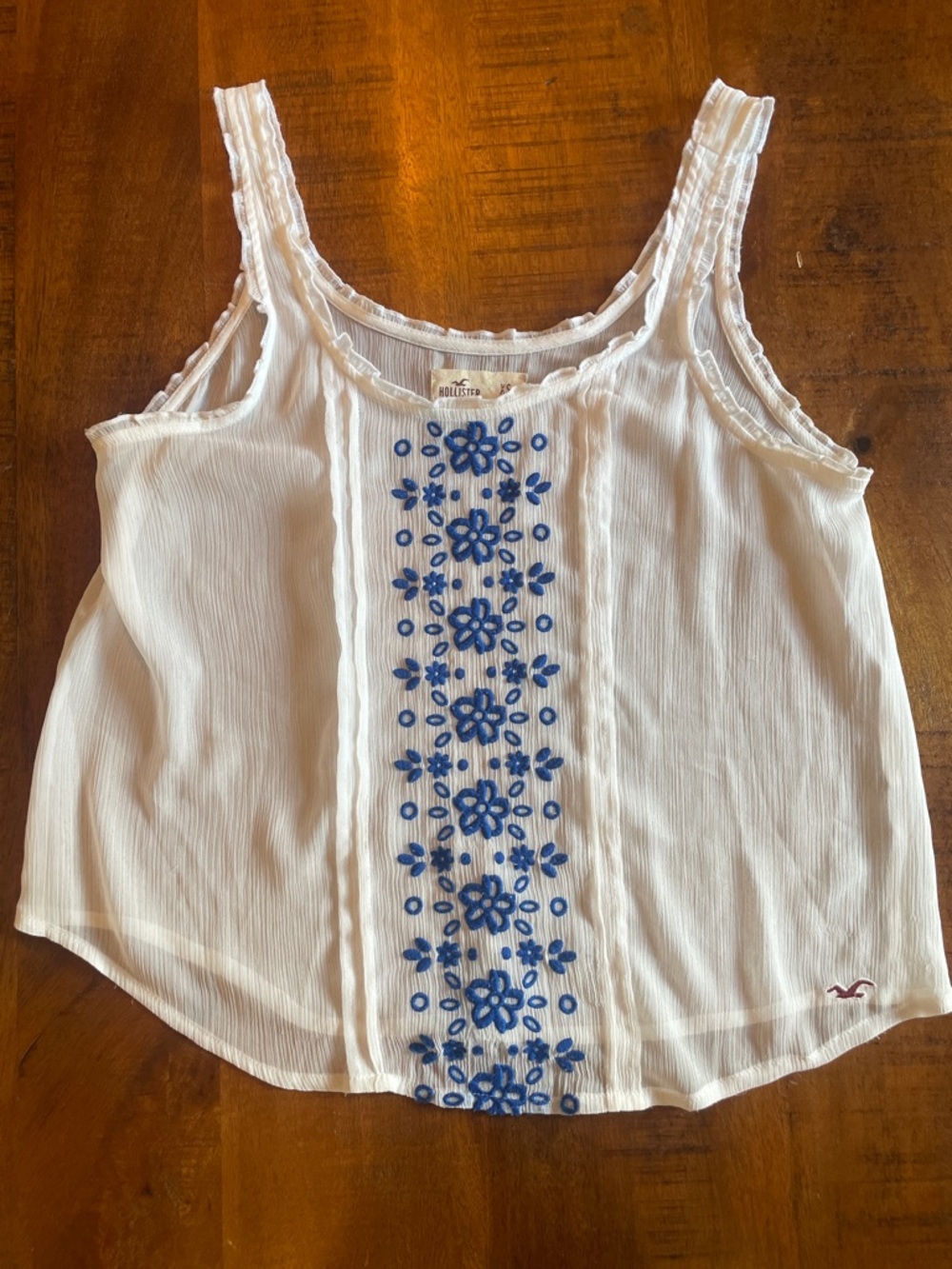 Hollister White Tank Top with Blue Floral Embroidery